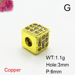 Brass Micro Pave Cubic Zirconia Beads,Square Beads,Plated Gold,6mm,Hole:3mm,about 1.1g/pc,5 pcs/package,XFF00729aahl-L035