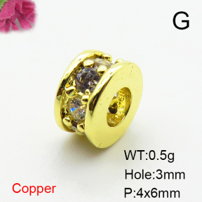 Brass Micro Pave Cubic Zirconia Beads,Cylindrical Beads,Plated Gold,4x6mm,Hole:3mm,about 0.5g/pc,5 pcs/package,XFF00735aaha-L035