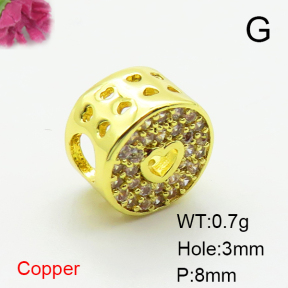 Brass Micro Pave Cubic Zirconia Beads,Cylindrical Beads,Plated Gold,8mm,Hole:3mm,about 0.7g/pc,5 pcs/package,XFF00741aahj-L035