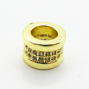 Brass Micro Pave Cubic Zirconia Beads,Cylindrical Beads,Plated Gold,6x9mm,Hole:5mm,about 1.5g/pc,5 pcs/package,XFF00744aahp-L035