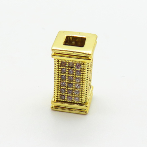 Brass Micro Pave Cubic Zirconia Beads,Rectangular Column Beads,Plated Gold,12x7mm,Hole:3mm,about 2.3g/pc,5 pcs/package,XFF00753vail-L035