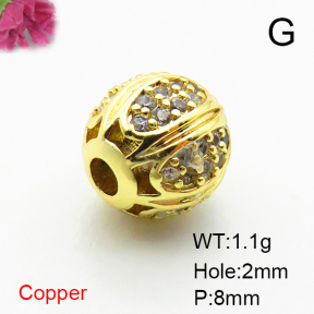 Brass Micro Pave Cubic Zirconia Beads,Ball,Plated Gold,8mm,Hole:2mm,about 1.1g/pc,5 pcs/package,XFF00762aahn-L035