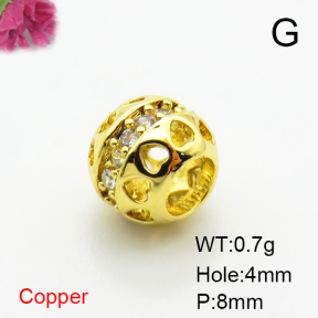 Brass Micro Pave Cubic Zirconia Beads,Ball,Plated Gold,8mm,Hole:4mm,about 0.7g/pc,5 pcs/package,XFF00765aahj-L035