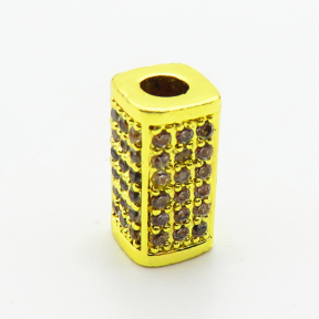 Brass Micro Pave Cubic Zirconia Beads,Rectangular Column Beads,Plated Gold,13x7mm,Hole:4mm,about 2.9g/pc,5 pcs/package,XFF00773aain-L035
