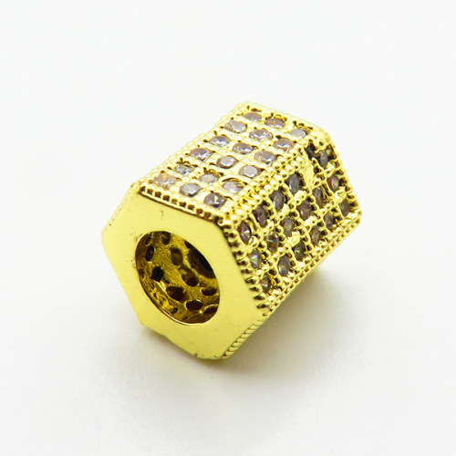 Brass Micro Pave Cubic Zirconia Beads,Hexagonal Prism Bead,Plated Gold,8mm,Hole:4mm,about 1.9g/pc,5 pcs/package,XFF00782aain-L035