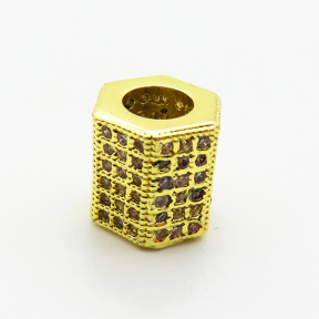 Brass Micro Pave Cubic Zirconia Beads,Hexagonal Prism Bead,Plated Gold,8mm,Hole:4mm,about 1.9g/pc,5 pcs/package,XFF00782aain-L035