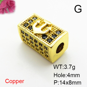 Brass Micro Pave Cubic Zirconia Beads,Rectangular Column Beads,Anchor,Plated Gold,14x8mm,Hole:4mm,about 3.7g/pc,5 pcs/package,XFF00785aaij-L035