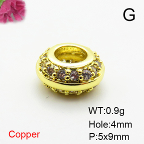 Brass Micro Pave Cubic Zirconia Beads,Round Flat Beads,Plated Gold,5x9mm,Hole:4mm,about 0.9g/pc,5 pcs/package,XFF00788aahm-L035