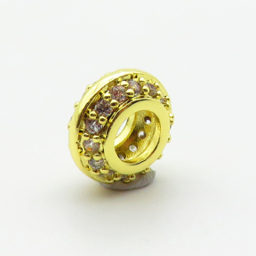 Brass Micro Pave Cubic Zirconia Beads,Round Flat Beads,Plated Gold,5x9mm,Hole:4mm,about 0.9g/pc,5 pcs/package,XFF00788aahm-L035