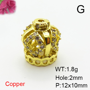 Brass Micro Pave Cubic Zirconia Beads,Crown,Plated Gold,12x10mm,Hole:2mm,about 1.8g/pc,5 pcs/package,XFF00791aaij-L035