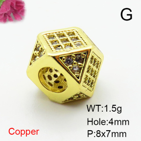 Brass Micro Pave Cubic Zirconia Beads,Quadrangular Prism Beads,Plated Gold,8x7mm,Hole:4mm,about 1.5g/pc,5 pcs/package,XFF00794vaia-L035