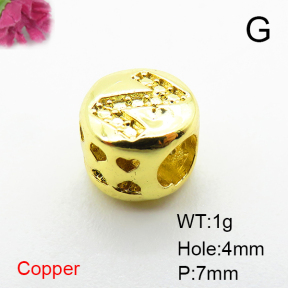 Brass Micro Pave Cubic Zirconia Beads,Ball,Letter Z,Plated Gold,7mm,Hole:4mm,about 1g/pc,5 pcs/package,XFF00797aahh-L035