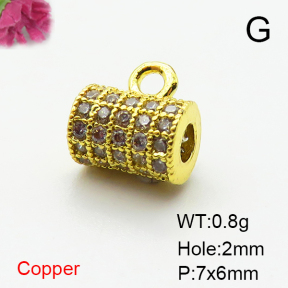 Brass Micro Pave Cubic Zirconia Hanger Links,Cylindrical Beads,Plated Gold,7x6mm,Hole:2mm,about 0.8g/pc,5 pcs/package,XFF00800aaij-L035