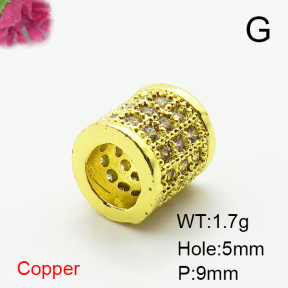 Brass Micro Pave Cubic Zirconia Beads,Cylindrical Beads,Plated Gold,9mm,Hole:5mm,about 1.7g/pc,5 pcs/package,XFF00806aahn-L035