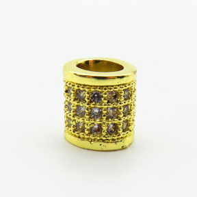 Brass Micro Pave Cubic Zirconia Beads,Cylindrical Beads,Plated Gold,9mm,Hole:5mm,about 1.7g/pc,5 pcs/package,XFF00806aahn-L035