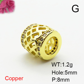 Brass Micro Pave Cubic Zirconia Beads,Cylindrical Beads,Plated Gold,8mm,Hole:5mm,about 1.2g/pc,5 pcs/package,XFF00809aahp-L035