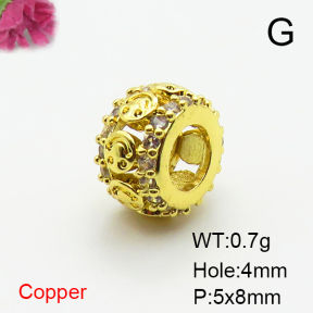 Brass Micro Pave Cubic Zirconia Beads,Cylindrical Beads,Plated Gold,5x8mm,Hole:4mm,about 0.7g/pc,5 pcs/package,XFF00818aahm-L035