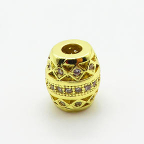Brass Micro Pave Cubic Zirconia Beads,Drum Ball,Plated Gold,9x8mm,Hole:3mm,about 1.1g/pc,5 pcs/package,XFF00824aahn-L035