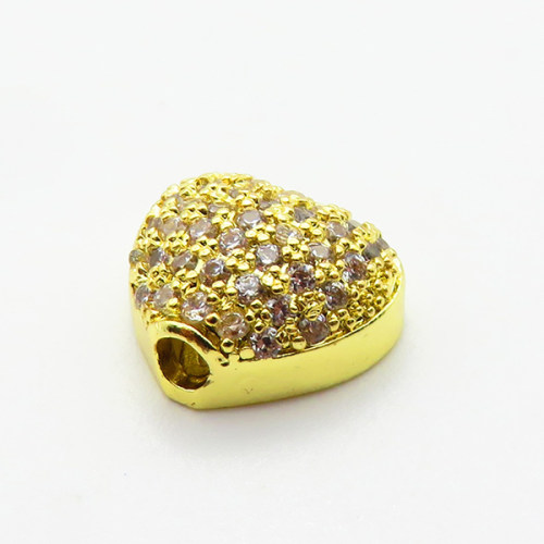 Brass Micro Pave Cubic Zirconia Beads,Heart,Plated Gold,9x10mm,Hole:2mm,about 1.1g/pc,5 pcs/package,XFF00827aahp-L035