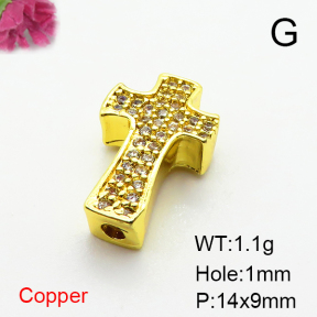 Brass Micro Pave Cubic Zirconia Beads,Cross,Plated Gold,14x9mm,Hole:1mm,about 1.1g/pc,5 pcs/package,XFF00830aahm-L035