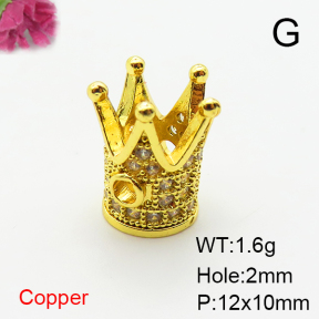 Brass Micro Pave Cubic Zirconia Beads,Crown,Plated Gold,12x10mm,Hole:2mm,about 1.6g/pc,5 pcs/package,XFF00836aahm-L035