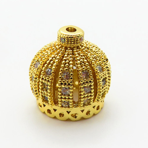 Brass Micro Pave Cubic Zirconia Beads,Crown,Plated Gold,14mm,Hole:1mm,about 3.6g/pc,5 pcs/package,XFF00839aaho-L035