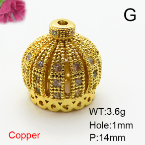 Brass Micro Pave Cubic Zirconia Beads,Crown,Plated Gold,14mm,Hole:1mm,about 3.6g/pc,5 pcs/package,XFF00839aaho-L035
