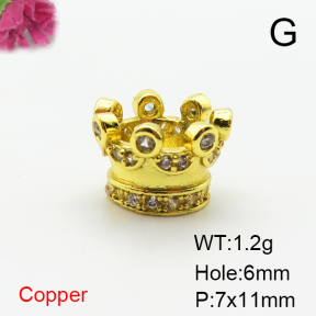Brass Micro Pave Cubic Zirconia Beads,Crown,Plated Gold,7x11mm,Hole:6mm,about 1.2g/pc,5 pcs/package,XFF00842aaij-L035