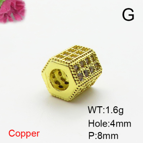 Brass Micro Pave Cubic Zirconia Beads,Hexagonal Prism Bead,Plated Gold,8mm,Hole:4mm,about 1.6g/pc,5 pcs/package,XFF00850aahn-L035