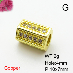 Brass Micro Pave Cubic Zirconia Beads,Hexagonal Prism Bead,Plated Gold,10x7mm,Hole:4mm,about 2g/pc,5 pcs/package,XFF00859aaho-L035