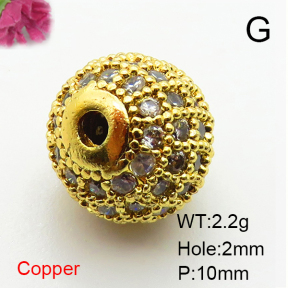 Brass Micro Pave Cubic Zirconia Beads,Ball,Plated Gold,10mm,Hole:2mm,about 2.2g/pc,5 pcs/package,XFF00862aahm-L035
