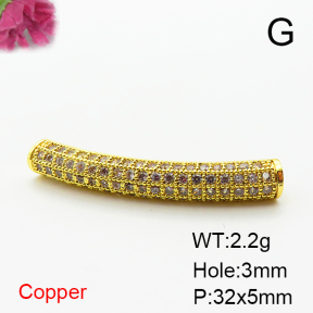 Brass Micro Pave Cubic Zirconia Beads,Long Tube Beads,Plated Gold,32x5mm,Hole:3mm,about 2.2g/pc,5 pcs/package,XFF00865avja-L035