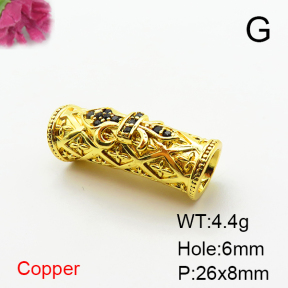 Brass Micro Pave Cubic Zirconia Beads,Long Tube Beads,Plated Gold,26x8mm,Hole:6mm,about 4.4g/pc,5 pcs/package,XFF00868aaho-L035