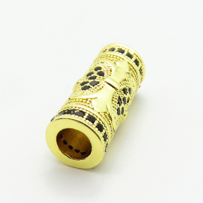 Brass Micro Pave Cubic Zirconia Beads,Long Tube Beads,Plated Gold,17x7mm,Hole:4mm,about 2.6g/pc,5 pcs/package,XFF00880aaik-L035
