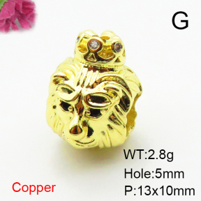 Brass Micro Pave Cubic Zirconia Beads,Lion Head,Plated Gold,13x10mm,Hole:5mm,about 2.8g/pc,5 pcs/package,XFF00895vahk-L035