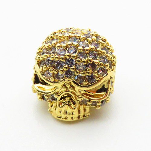 Brass Micro Pave Cubic Zirconia Beads,Skull,Plated Gold,13x11mm,Hole:2mm,about 2.2g/pc,5 pcs/package,XFF00898aajl-L035