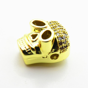 Brass Micro Pave Cubic Zirconia Beads,Skull,Plated Gold,12x11mm,Hole:1mm,about 2.5g/pc,5 pcs/package,XFF00904aahn-L035