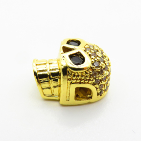 Brass Micro Pave Cubic Zirconia Beads,Skull,Plated Gold,13x10mm,Hole:2.5mm,about 2g/pc,5 pcs/package,XFF00913vaia-L035