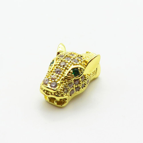 Brass Micro Pave Cubic Zirconia Beads,Leopard Head,Plated Gold,17x9mm,Hole:2.5mm,about 2.9g/pc,5 pcs/package,XFF00916aaij-L035