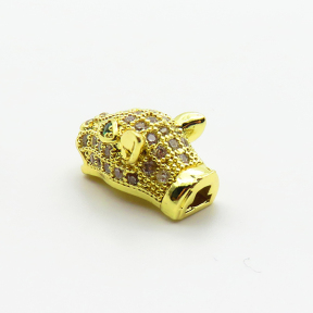 Brass Micro Pave Cubic Zirconia Beads,Leopard Head,Plated Gold,17x9mm,Hole:2.5mm,about 2.9g/pc,5 pcs/package,XFF00916aaij-L035