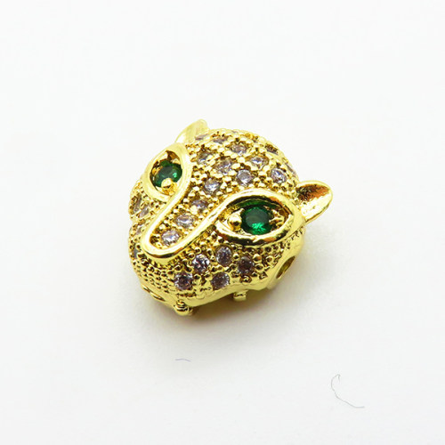 Brass Micro Pave Cubic Zirconia Beads,Leopard Head,Plated Gold,12x11mm,Hole:1mm,about 1.7g/pc,5 pcs/package,XFF00919aahp-L035