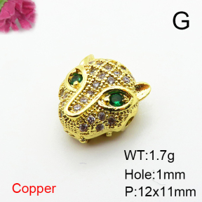 Brass Micro Pave Cubic Zirconia Beads,Leopard Head,Plated Gold,12x11mm,Hole:1mm,about 1.7g/pc,5 pcs/package,XFF00919aahp-L035