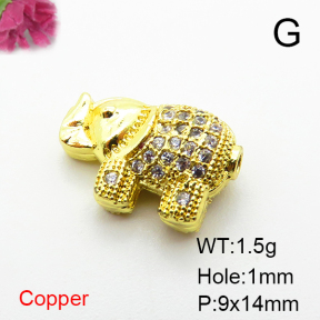 Brass Micro Pave Cubic Zirconia Beads,Elephant,Plated Gold,9x14mm,Hole:1mm,about 1.5g/pc,5 pcs/package,XFF00922aahn-L035