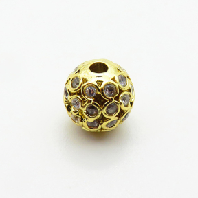 Brass Micro Pave Cubic Zirconia Beads,Ball,Plated Gold,8mm,Hole:2mm,about 1.3g/pc,5 pcs/package,XFF00940aaho-L035