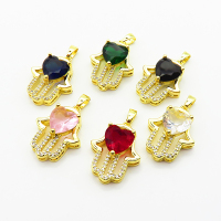 Micro Pave Cubic Zirconia,Brass Pendants,Hamsa Hand/Hand of Fatima/Hand of Miriam,Heart,Plated Gold,Mixed Color,19x16mm,Hole:2mm,about 2.5g/pc,5 pcs/package,XFPC04379aajl-L024