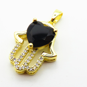 Micro Pave Cubic Zirconia,Brass Pendants,Hamsa Hand/Hand of Fatima/Hand of Miriam,Heart,Plated Gold,Mixed Color,19x16mm,Hole:2mm,about 2.5g/pc,5 pcs/package,XFPC04379aajl-L024