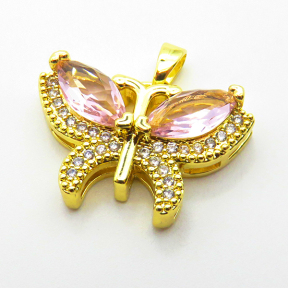 Micro Pave Cubic Zirconia,Brass Pendants,Butterfly,Plated Gold,Mixed Color,15x23mm,Hole:2mm,about 3.2g/pc,5 pcs/package,XFPC04392baka-L024