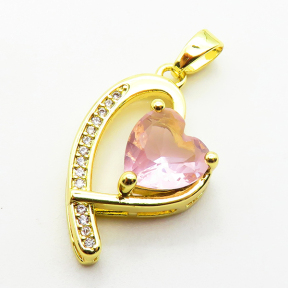 Micro Pave Cubic Zirconia,Brass Pendants,Heart,Plated Gold,Mixed Color,20x14mm,Hole:2mm,about 1.9g/pc,5 pcs/package,XFPC04405aajl-L024
