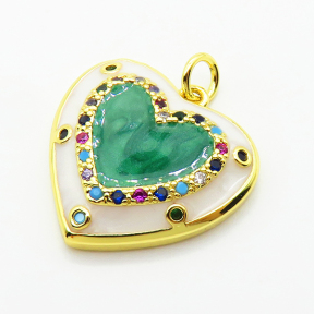 Micro Pave Cubic Zirconia & Enamel,Brass Pendants,Heart,Plated Gold,Mixed Color,20mm,Hole:2mm,about 3.7g/pc,5 pcs/package,XFPC04443aajl-L024