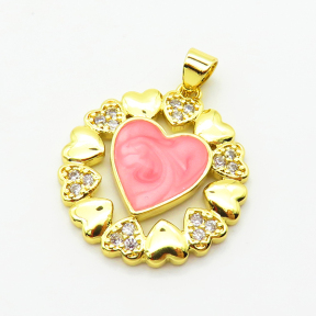 Micro Pave Cubic Zirconia & Enamel,Brass Pendants,Flat Round,Heart,Plated Gold,Mixed Color,22mm,Hole:2mm,about 3.6g/pc,5 pcs/package,XFPC04448baka-L024
